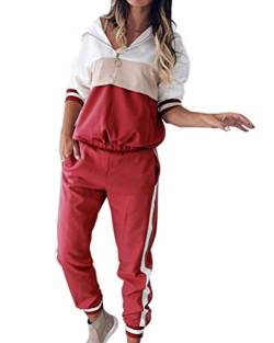 Yesgirl Damen Trainingsanzug Mode 2 Stück Set Farbnähte Hoodie Mit Kapuze Sweatshirt Lange Ärmel Zipper Top + Lange Hose Sportswear 2 Stück Set Sport Freizeitanzug Jogginganzug A Rot 46 von Yesgirl