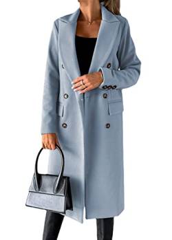 Yesgirl Damen Trenchcoat Langer Warm Wintermantel Parka Zweireiher Mantel Jacke Overcoat Elegant Schlanke Wollmantel Windjacke Winddichter Herbst Winter Revers Mantel Oberbekleidung A Hellblau L von Yesgirl