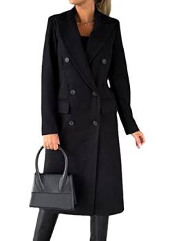 Yesgirl Damen Trenchcoat Langer Warm Wintermantel Parka Zweireiher Mantel Jacke Overcoat Elegant Schlanke Wollmantel Windjacke Winddichter Herbst Winter Revers Mantel Oberbekleidung A Schwarz 3XL von Yesgirl