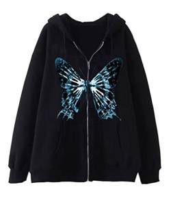 Yesgirl Damen Y2K Hoodie Kapuzenpullover Schmetterling Pullover mit Kapuze E-Girl Reißverschluss Sweatshirt Oversize Jacke Zip Up Hoodie Gothic Hoodies C Schwarz S, XR220917LYL-DE01-C-Blk-S von Yesgirl