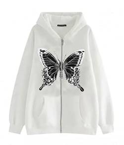 Yesgirl Damen Y2K Hoodie Kapuzenpullover Schmetterling Pullover mit Kapuze E-Girl Reißverschluss Sweatshirt Oversize Jacke Zip Up Hoodie Kapuzenjacke Gothic Hoodies A Weiß S, XR220917LYL-DE01-A-Whi-S von Yesgirl