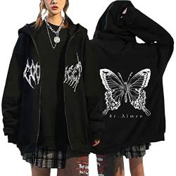 Yesgirl Damen Y2K Hoodies Zip Up Kapuzenpullover E-Girl Vintage Jacke Oversize Schmetterling Pullover mit Kapuze Reißverschluss Sweatshirt Kapuzenjacke Gothic Hoodies B Schwarz1 L von Yesgirl