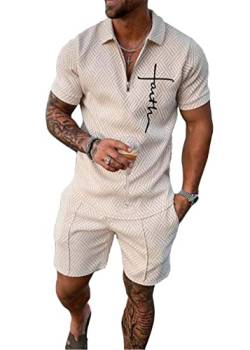 Yesgirl Herren Trainingsanzug Set Sommer Sportanzug 2 Teiliges Outfit Sport Set Kurzarm T-Shirt + Kurze Hose Sets Freizeitanzug Business Polo Hemd Jogginganzug Zweiteiliges Set A Beige2 S von Yesgirl