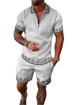 Yesgirl Herren Trainingsanzug Set Sommer Sportanzug 2 Teiliges Outfit Sport Set Kurzarm T-Shirt + Kurze Hose Sets Freizeitanzug Business Polo Hemd Jogginganzug Zweiteiliges Set A Weiß8 XL von Yesgirl