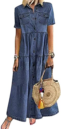 Yesgirl Jeanskleid Sommerkleid Damen Jeans Kleider Strandkleider Einfarbig A-Linie Kleid Boho Knielang Kleid Denimkleid 01 E Dunkelblau S von Yesgirl