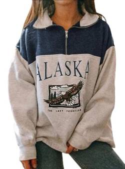 Yesgirl Kapuzenpullover Für Damen Alaska Letter Print Sweatshirt Lose Casual Langarm Hip Hop Hoher Rundhals Reißverschluss Adler Grafik Top Farbanpassung Hoodie 01 A Blau XS von Yesgirl