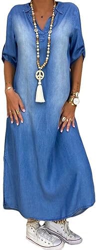 Yesgirl Sommerkleid Damen Strandkleid Retro Denim Kleider V-Ausschnitt Casual Tunika Lose Hemd Lange Bluse Jeans Maxi Kleid, 01 B, Blau, X-Large von Yesgirl