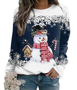 Yesgirl Tomwell Weihnachtspullover Damen Lustig Druck Christmas Sweatshirt Weihnachts Rundhals Pullover Schneemann Langarmshirt Xmas Pulli Oberteil Teenager Mädchen A Dunkelblau L von Yesgirl