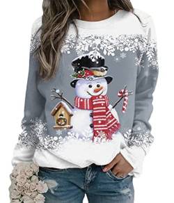 Yesgirl Tomwell Weihnachtspullover Damen Lustig Druck Christmas Sweatshirt Weihnachts Rundhals Pullover Schneemann Langarmshirt Xmas Pulli Oberteil Teenager Mädchen A Grau XL von Yesgirl