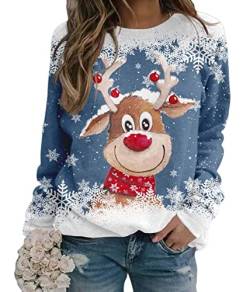 Yesgirl Tomwell Weihnachtspullover Damen Lustig Druck Christmas Sweatshirt Weihnachts Rundhals Pullover Schneemann Langarmshirt Xmas Pulli Oberteil Teenager Mädchen B Blau L von Yesgirl