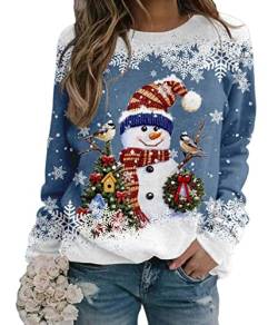 Yesgirl Tomwell Weihnachtspullover Damen Lustig Druck Christmas Sweatshirt Weihnachts Rundhals Pullover Schneemann Langarmshirt Xmas Pulli Oberteil Teenager Mädchen C Blau M von Yesgirl