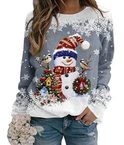 Yesgirl Tomwell Weihnachtspullover Damen Lustig Druck Christmas Sweatshirt Weihnachts Rundhals Pullover Schneemann Langarmshirt Xmas Pulli Oberteil Teenager Mädchen C Grau M von Yesgirl