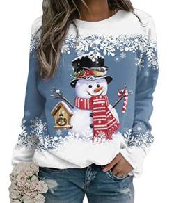 Yesgirl Weihnachtspullover Damen Lustig Druck Christmas Sweatshirt Weihnachts Rundhals Pullover Schneemann Langarmshirt Xmas Pulli Oberteil Teenager Mädchen A Blau L, XR221007LYL-DE02-A-Blu-L von Yesgirl