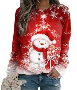 Yesgirl Weihnachtspullover Damen Lustig Druck Christmas Sweatshirt Weihnachts Rundhals Pullover Schneemann Langarmshirt Xmas Pulli Oberteil Teenager Mädchen D Rot XL von Yesgirl