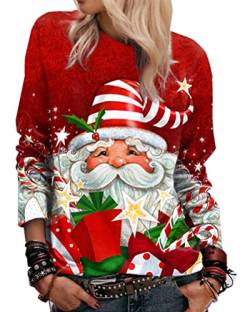 Yesgirl Weihnachtspullover Damen Lustig Druck Christmas Sweatshirt Weihnachts Rundhals Pullover Schneemann Langarmshirt Xmas Pulli Oberteil Teenager Mädchen E Rot 3XL von Yesgirl