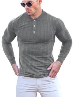 Poloshirt Herren Langarm & Kurzarm Baumwolle Golf T Shirt ，Männer Muskel Pullover Hemd ，Slim Fit Casual Tops Dunkelgrau, M von Yewloch