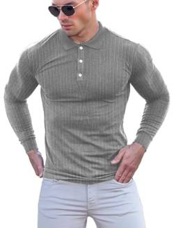 Poloshirt Herren Langarm & Kurzarm Baumwolle Golf T Shirt ，Männer Muskel Pullover Hemd ，Slim Fit Casual Tops Grau, M von Yewloch