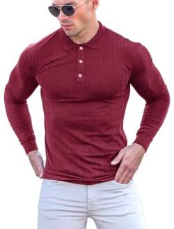 Poloshirt Herren Langarm & Kurzarm Baumwolle Golf T Shirt ，Männer Muskel Pullover Hemd ，Slim Fit Casual Tops Rot, M von Yewloch