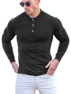 Poloshirt Herren Langarm & Kurzarm Baumwolle Golf T Shirt ，Männer Muskel Pullover Hemd ，Slim Fit Casual Tops Schwarz, M von Yewloch