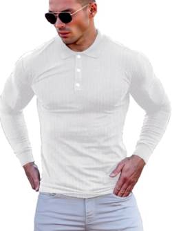 Yewloch Poloshirt Herren Langarm & Kurzarm Getäfelt T Shirts Männer Hemd T-Shirt，Männer Slim Fit Baumwolle Golf Casual Muskel T Shirt Weiß, L von Yewloch