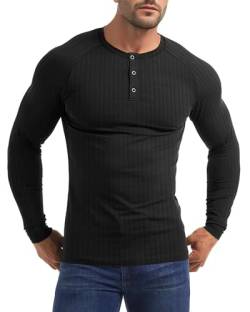 Yewloch Herren Longsleeve Muskel Henley Pullover,Slim Fit Kurzarm/Langarmshirts,Baumwolle Grandad Ausschnitt Henley Sweatshirt,Lässiges Geripptes Stretch Tops Herren, Schwarz, S von Yewloch