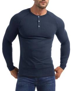 Yewloch Herren Longsleeve Muskel Henley Pullover,Slim Fit Kurzarm/Langarmshirts,Baumwolle Grandad Ausschnitt Henley Sweatshirt,Lässiges Geripptes Stretch Tops Herren Blau, M von Yewloch