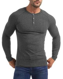 Yewloch Herren Longsleeve Muskel Henley Pullover,Slim Fit Kurzarm/Langarmshirts,Baumwolle Grandad Ausschnitt Henley Sweatshirt,Lässiges Geripptes Stretch Tops Herren Dunkelgrau, 2XL von Yewloch