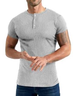 Yewloch Herren Longsleeve Muskel Henley Pullover,Slim Fit Kurzarm/Langarmshirts,Baumwolle Grandad Ausschnitt Henley Sweatshirt,Lässiges Geripptes Stretch Tops Herren Grau, S von Yewloch