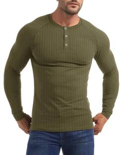 Yewloch Herren Longsleeve Muskel Henley Pullover,Slim Fit Kurzarm/Langarmshirts,Baumwolle Grandad Ausschnitt Henley Sweatshirt,Lässiges Geripptes Stretch Tops Herren Grün, L von Yewloch