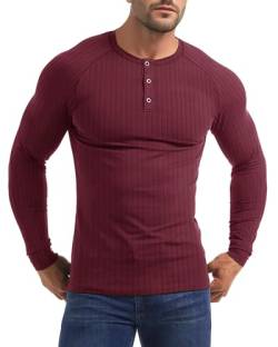 Yewloch Herren Longsleeve Muskel Henley Pullover,Slim Fit Kurzarm/Langarmshirts,Baumwolle Grandad Ausschnitt Henley Sweatshirt,Lässiges Geripptes Stretch Tops Herren Rot, 2XL von Yewloch