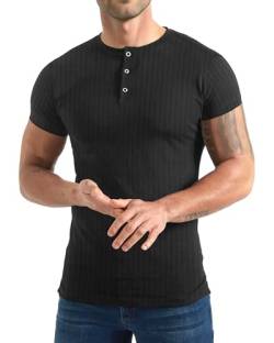 Yewloch Herren Longsleeve Muskel Henley Pullover,Slim Fit Kurzarm/Langarmshirts,Baumwolle Grandad Ausschnitt Henley Sweatshirt,Lässiges Geripptes Stretch Tops Herren Schwarz, L von Yewloch