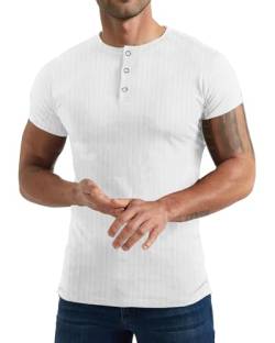 Yewloch Herren Longsleeve Muskel Henley Pullover,Slim Fit Kurzarm/Langarmshirts,Baumwolle Grandad Ausschnitt Henley Sweatshirt,Lässiges Geripptes Stretch Tops Herren Weiß, M von Yewloch