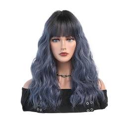 Cosplay-Party, täglicher Gebrauch, hitzebeständig, Halloween, langes, wassergewelltes, blau-rotes Haar, synthetische Perücken mit Pony für schwarz-weiße Frauen (MW8262 3) von YhOuuA