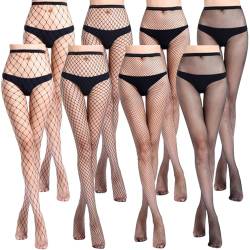 YiJiuBa 8 Paar Netzstrumpfhose Schwarz für Damen, 8 Stücke Fishnet Stockings, Netzstrümpfe Fischnetz Tights mit 4 Arten, Hohe Taille Fischernetz, Mode Strumpfhosen für Frauen von YiJiuBa