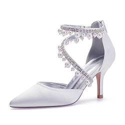 YiLuFanHua Damen Hochzeitsschuhe Stilettos Spitzschuh Brautschuhe Satin Strass Imitation Perlen Pumps Größe,Weiß,34 EU von YiLuFanHua