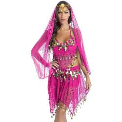 YiZYiF Damen Bauchtanz Kostüm Rock Oberteil Kopftuch Hüfttuch Belly Dance Kleid Set Indische Tanzkleidung Karneval Fasching Kostüm Pink_A One Size von YiZYiF