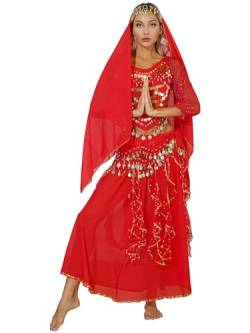 YiZYiF Damen Bauchtanz Kostüm Rock Oberteil Kopftuch Hüfttuch Belly Dance Kleid Set Indische Tanzkleidung Karneval Fasching Kostüm Rot_B Einheitsgröße von YiZYiF