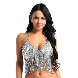 YiZYiF Damen Bauchtanz Pailletten Oberteil Quasten BH Bauchtanzkostüm bauchfrei Crop Top Neckholder Glitzer Bra Tanzkostüm Silber Einheitsgröße von YiZYiF