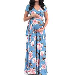 YiZYiF Damen Elegant Umstandskleid Festlich V-Ausschnitt Floral Muster Maxikleid Schwanger Umstandsmode Kleidung Kleid für Hochzeit Urlaub Sommer Blau XXL von YiZYiF