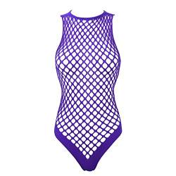 YiZYiF Damen Fischnetz Bodysuit Netz Unterhemd Trikot Stringbody High Cut Frauen Erotik Dessous Sexy Babydoll Negligee Violet Einheitsgröße von YiZYiF