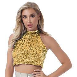 YiZYiF Damen Glänzend Pailletten Tank Top Neckholder Crop Top BH Glitzer Shirt Weste Gogo Rave Party Festival Outfit Oberteil Gold B Einheitsgröße von YiZYiF