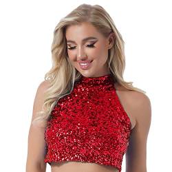 YiZYiF Damen Glänzend Pailletten Tank Top Neckholder Crop Top BH Glitzer Shirt Weste Gogo Rave Party Festival Outfit Oberteil Rot B Einheitsgröße von YiZYiF