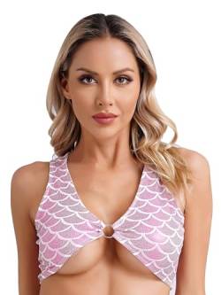 YiZYiF Damen Glitzer Meerjungfrau Bikini Oberteile Spaghetti-Trägern Pailletten Mesh Top T-Shirt Bluse Party Clubwear Rosa_I M von YiZYiF