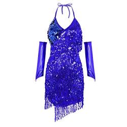 YiZYiF Damen Glitzer Pailletten Latein Kleid Quasten Tanzkleid Rumba Tango Ballett Dancewear Cocktail Abendkleid Ballroon Party Kleider Performance Outfits (Einheitsgröße, Royal Blau Neckholder) von YiZYiF