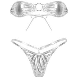YiZYiF Damen Mini Bikini Sets Glänzendes Metallic Badeanzug Trägerlos Bra Top mit G-String Tanga Micro Dessous Babydoll Set Silber OneSize von YiZYiF