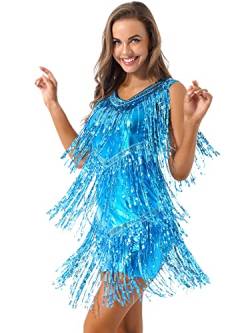 YiZYiF Damen Pailletten Tanzkleid Quasten Rumba Tango Latein Kleid Glitzer Party Cocktail Abendkleid Ballroon Performance Dancewear Himmelblau M von YiZYiF