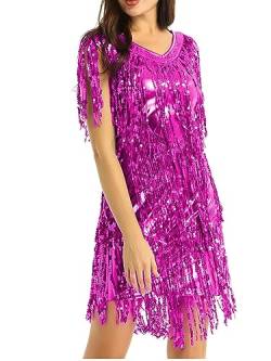 YiZYiF Damen Pailletten Tanzkleid Quasten Rumba Tango Latein Kleid Glitzer Party Cocktail Abendkleid Ballroon Performance Dancewear Rosa Medium von YiZYiF