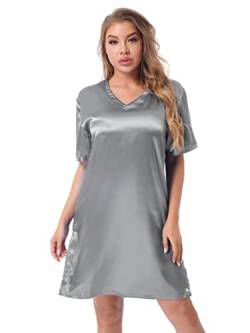 YiZYiF Damen Satin Nachthemd Kurzarm V-Ausschnitt Nachtkleid mit Knopfleiste Schlafanzug Pyjama Kleid Hauskleidung Grau XXL von YiZYiF