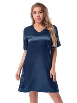 YiZYiF Damen Satin Nachthemd Kurzarm V-Ausschnitt Nachtkleid mit Knopfleiste Schlafanzug Pyjama Kleid Hauskleidung Marineblau XXL von YiZYiF