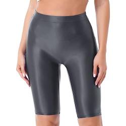 YiZYiF Damen Shiny Metalic Leggings Glanz Glossy Kurze Hose Sport Fitness Tanz Shorts Hochglanzgamaschen Pants High Waist A_Dunkelgrau M von YiZYiF